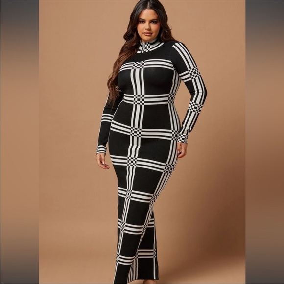 “FASHION NOVA LUXE” Claudia Knit Checkerboard BodyCon Dress - Picture 4 of 16